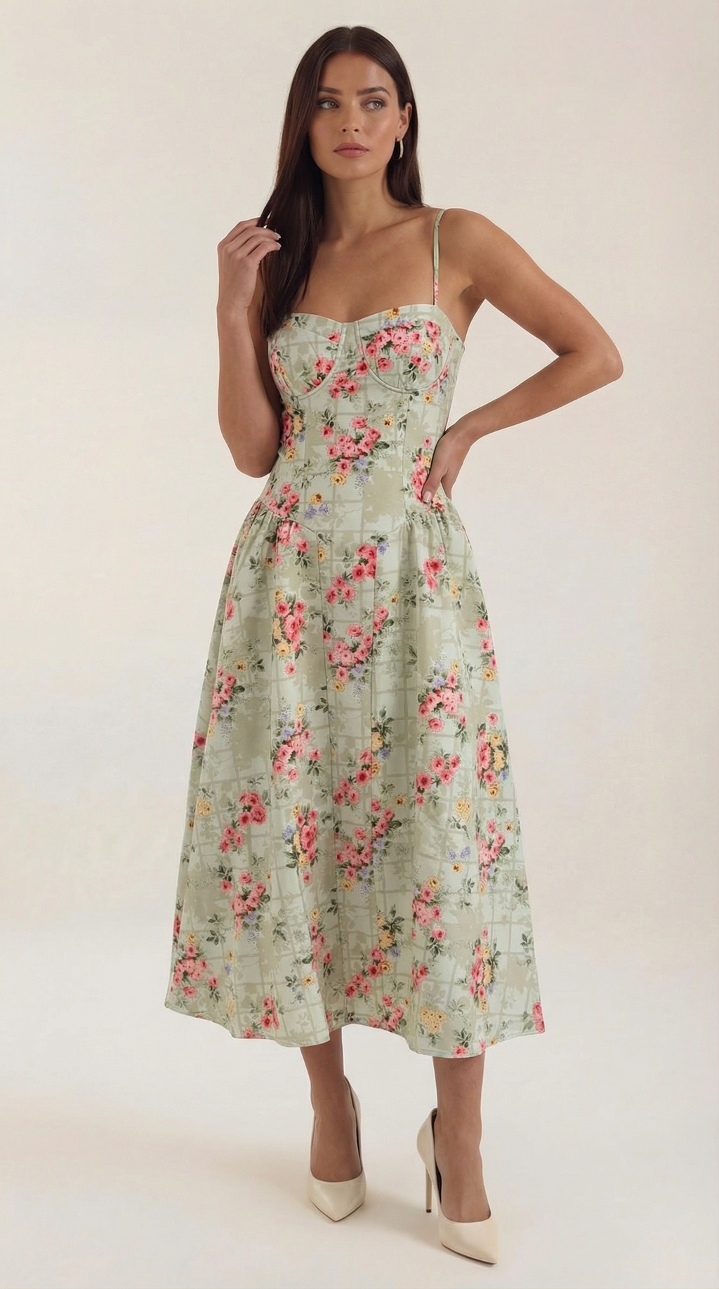 Vestido Santorini — Midi Floral con Escote Corazón